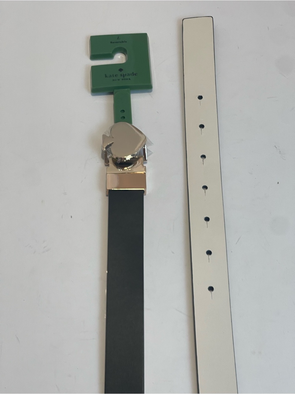 Kate Spade New York Black White Reversible Leather Heart Buckle Belt Size L NWT